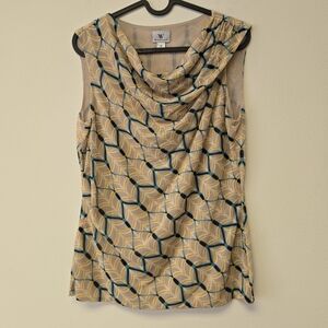 Worthington Cowl Neck Sleeveless Pattern Blouse Tan Yellow Blue M